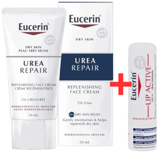 Eucerin UreaRepair nočný pleťový krém pre suchú až veľmi suchú pleť 50ml + Darček! Eucerin Lip Active balzam na pery